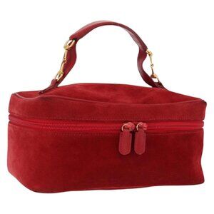 GUCCI Vanity Hand Bag Suede Red Gold